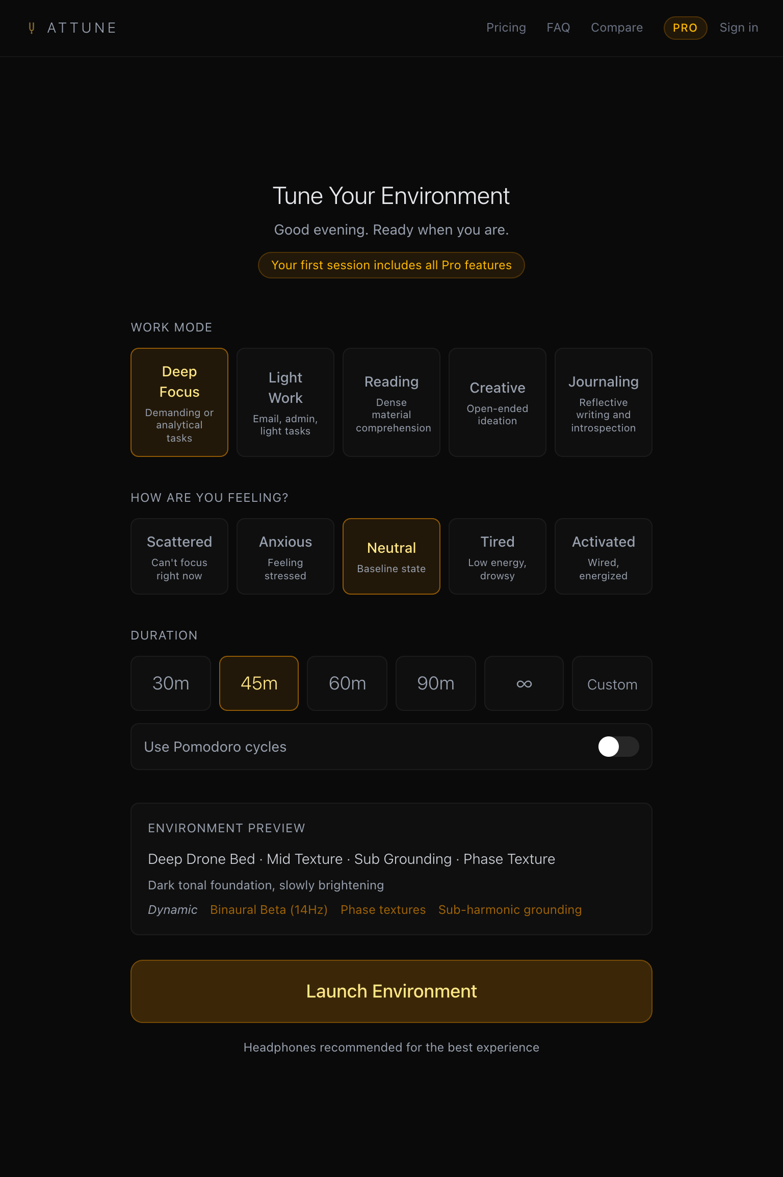 Underlay setup screen showing work modes, mood selection, and the environment preview it generates