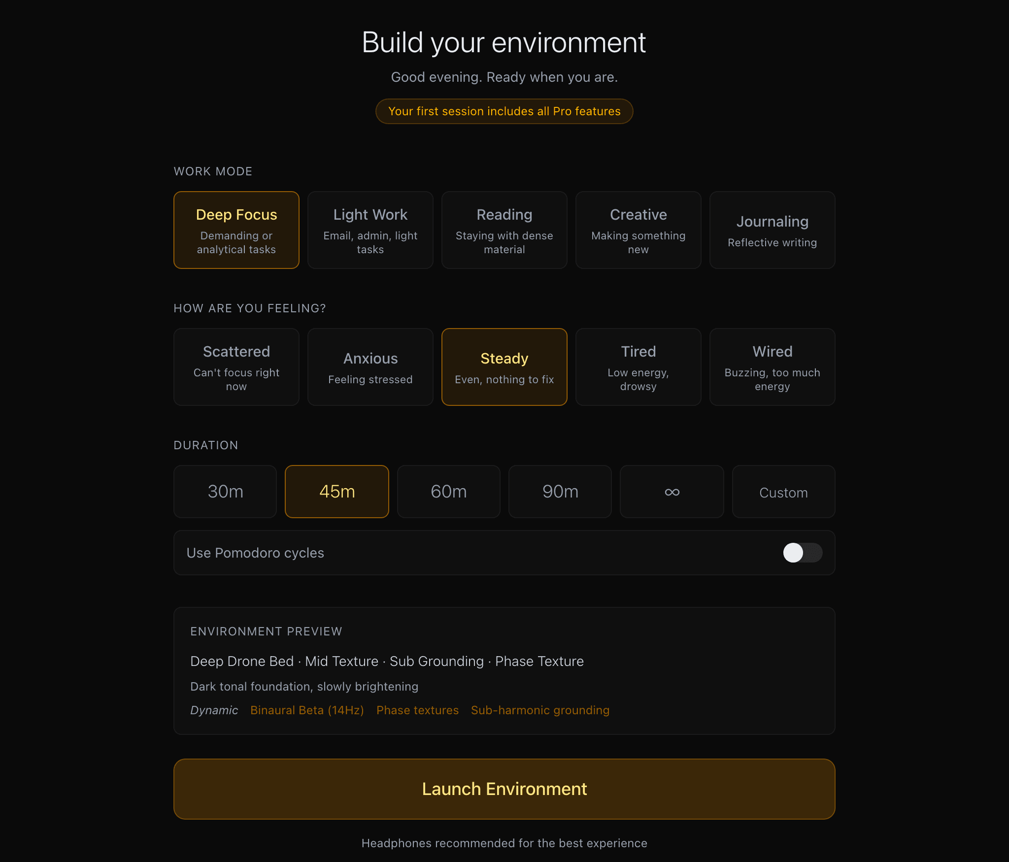 Underlay.fm setup screen showing work modes, mood selection, and the environment preview it generates